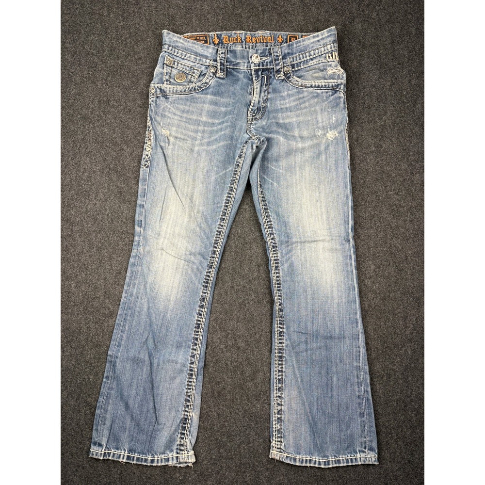 Rock Revival Isaac Slim Boot Jeans Mens 32 Light Wash Blue Distressed 32x30